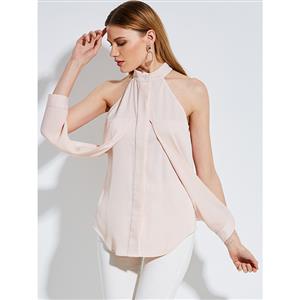 Off Shoulder Pink Shirt, Slim Polyester Shirt, Off Shoulder Blouse, Sexy Crop Top, Stand Collar Blouse Top, Sexy Blouse for Women, #N14254