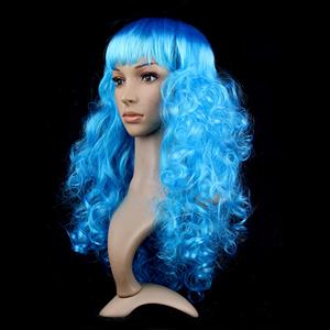 Fashion Long Wave Wig, Sky-blue Bangs Small Wave Wig, Sexy Masquerade Small Wave Wig, Fashion Party Long Wave Wig, Cosplay Long Sky-blue Wave Wig, #MS16091