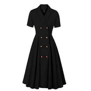Fashion Black Lapel Short Sleeve Button High Waist A-line Swing Dress N23038