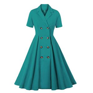 Fashion Green Lapel Short Sleeve Button High Waist A-line Swing Dress N23039