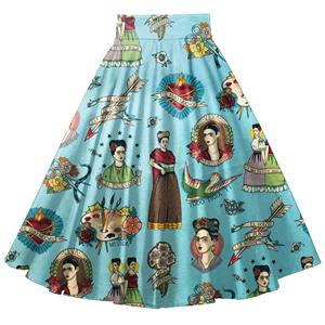 Fashion Casual Spanish Girl Printing High Waist Flared A-Line Skirt N18022