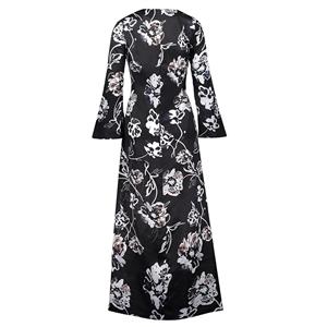Women's Black V Neck Bell Sleeves Flowers Pattern Vacation Maxi Dress N15327