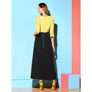Women's Fashion V Neck 3/4 Length Sleeves Patchwork Maxi Dress N14962