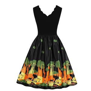 Fashion V Neck Wild Animals Print Sleeveless High Waist Party Swing Dress N18705