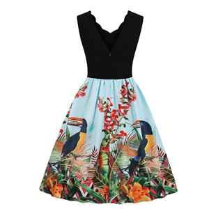 Fashion V Neck Rainforest Parrot Print Sleeveless High Waist Party Swing Dress N18710