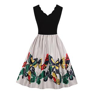 Fashion V Neck Butterfly Print Sleeveless High Waist Party Swing Dress N18707