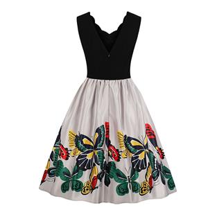 Fashion V Neck Butterfly Print Sleeveless High Waist Party Swing Dress N18707