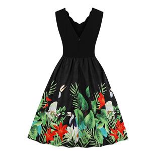 Fashion V Neck Green Plants Print Sleeveless High Waist Party Swing Dress N18864