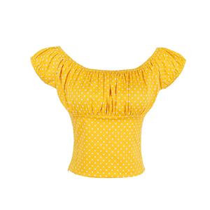 Fashion Casual Vintage Style Dot Printed Yellow Short Sleeves Off-Shoulder Blouse Crop Top N18969