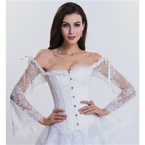 Women's Fashion Plastic Boned White Overbust Corset with Long Floral Lace Sleeve N14475