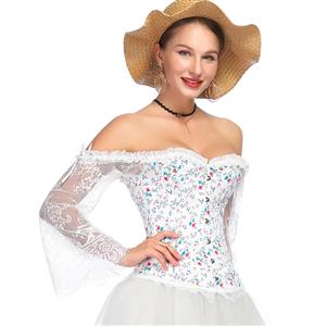 Women's Fashion Plastic Boned White Overbust Corset with Long Floral Lace Sleeve N18637