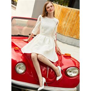 Women's Fashion White Round Neck Pleated Cut-out Knee-length Dress N16025