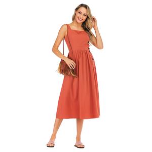 Casual Wide Straps Straight Neckline Side Button High Waist Summer Calf-length Dress N19043