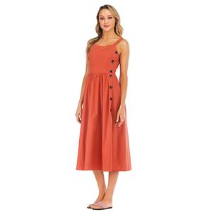 Casual Wide Straps Straight Neckline Side Button High Waist Summer Calf-length Dress N19043