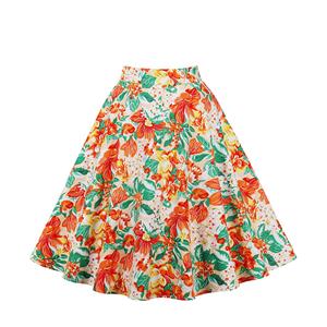 Fashion Orange Printed Cotton High Waist A-line Ruffle Hem Skirt N23150