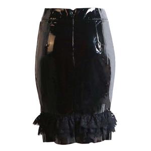 Sexy Black Faux Leather Bra Top and PVC Lace Knee-length Skirt Set N12851