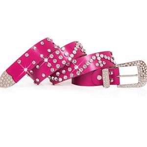 Women's Luxury Hot-Pink Faux Leather Rhinestone Jeweled Studded Waist Belt N16050