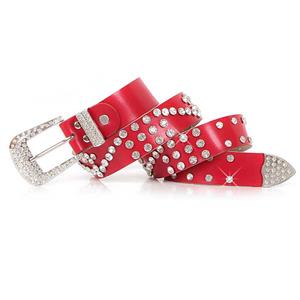 Women's Luxury Red Faux Leather Rhinestone Jeweled Studded Waist Belt N16051
