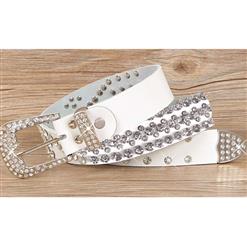 Women's Luxury White Faux Leather Rhinestone Jeweled Studded Waist Belt N16052