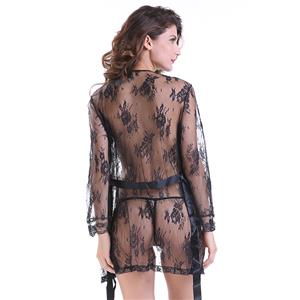 Sexy Sheer Floral Lace Flare Sleeve Thin Nightgown Bathrobe with Belt N18847