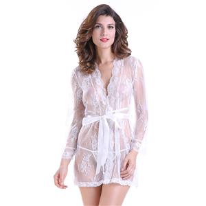 Sexy Sheer Floral Lace Flare Sleeve Thin Nightgown Bathrobe with Belt N18848