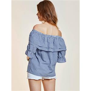 Women's Floral Embroidery Blue Checked Off Shoulder Ruffled Blouse N14872