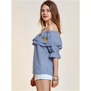 Women's Floral Embroidery Blue Checked Off Shoulder Ruffled Blouse N14872