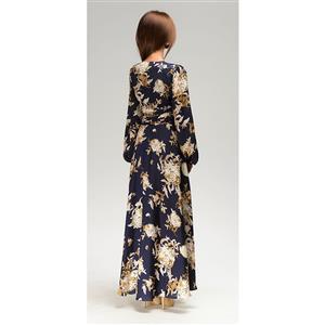 Vintage Floral Print Silky Long Sleeve Dresses N11535