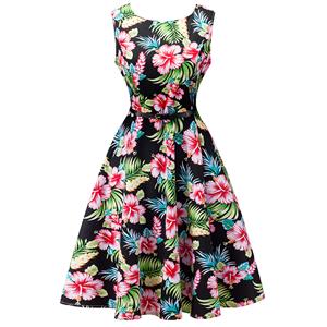 1950's Vintage Floral Print Sleeveless Cocktail Party Swing Dress with Belt N12507