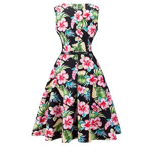 1950's Vintage Floral Print Sleeveless Cocktail Party Swing Dress with Belt N12507