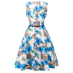 1950's Vintage Floral Print Sleeveless Cocktail Party Swing Dress with Belt N12508