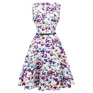 1950's Vintage Floral Print Sleeveless Cocktail Party Swing Dress with Belt N12509