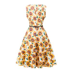 Graceful 1950's Vintage Floral Print Sleeveless Cocktail Party Swing Dress with Belt N12511