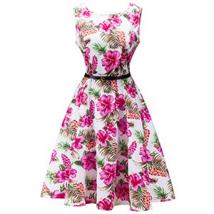 1950's Vintage Floral Print Sleeveless Cocktail Party Valentine's Day Dress with Belt N12512