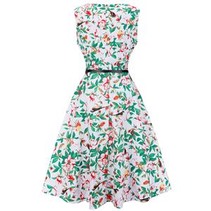 1950's Vintage Floral Print Sleeveless Cocktail Party Swing Dress with Belt N12513