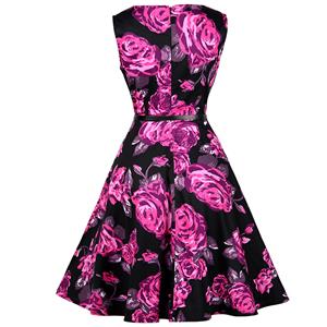 1950's Vintage Rose Print Sleeveless Cocktail Party Valentine's Day Dress with Belt N12514