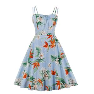 Sexy Floral Print Spaghetti Straps Sleeveless Backless High Waist Summer Party Swing Dress N20271
