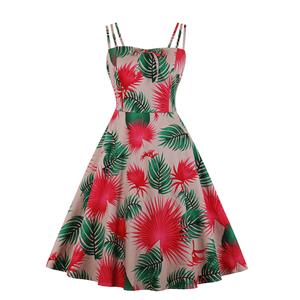 Sexy Floral Print Spaghetti Straps Sleeveless Backless High Waist Summer Party Swing Dress N20276