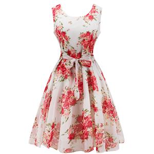 Graceful 1950's Vintage Chiffon Sleeveless Bleted Floral Print Valentine's Day Dress N12483