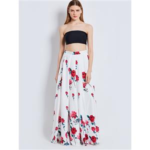Fashion Women's High-Waist A-line Rose Print Maxi Skirt N15790