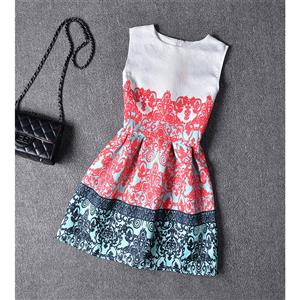 Little Girls' Sleeveless Vintage Red Floral Print Casual Swing Dress N15468