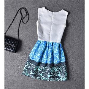 Little Girls' Sleeveless Vintage Blue Floral Print Casual Swing Dress N15469