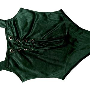 Sexy Gothic Atrovirens Velvet Deep V Lace-Up High-cut Bodysuit N14507