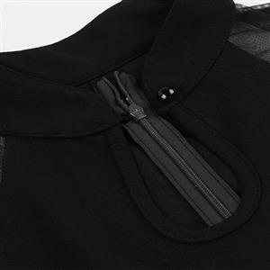 Vintage Black Half-high Collar Mesh Flare Sleeve Stitching A-line Midi Dress N23137