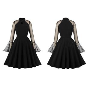 Vintage Black Half-high Collar Mesh Flare Sleeve Stitching A-line Midi Dress N23137