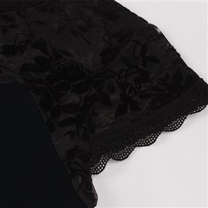 Vintage Black Floral See-through Flying Sleeve Stitching A-line Dress N23136