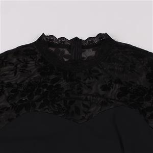 Vintage Black Floral See-through Flying Sleeve Stitching A-line Dress N23136