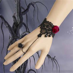Gothic Black Lace Wristband Red Rose Embellished Bracelet with Ring J18100