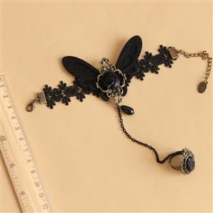 Gothic Black Lace Wristband Butterfly Rose Embellished Bracelet with Ring J18129