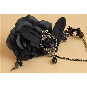 Gothic Black Lace Wristband Butterfly Rose Embellished Bracelet with Ring J18129